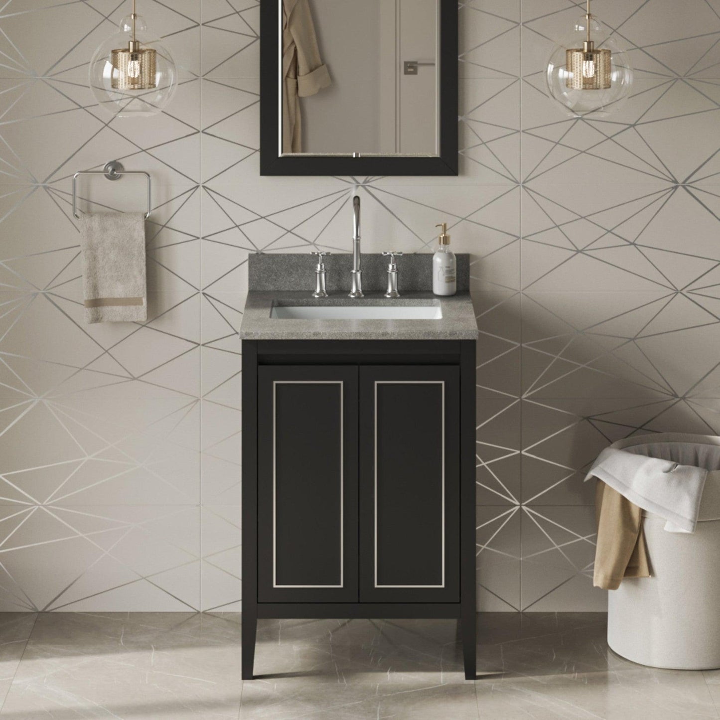 Hardware Resources Jeffrey Alexander Percival 24" Black Freestanding Vanity With Steel Gray Cultured Marble Vanity Top, Backsplash and Rectangle Undermount Sink