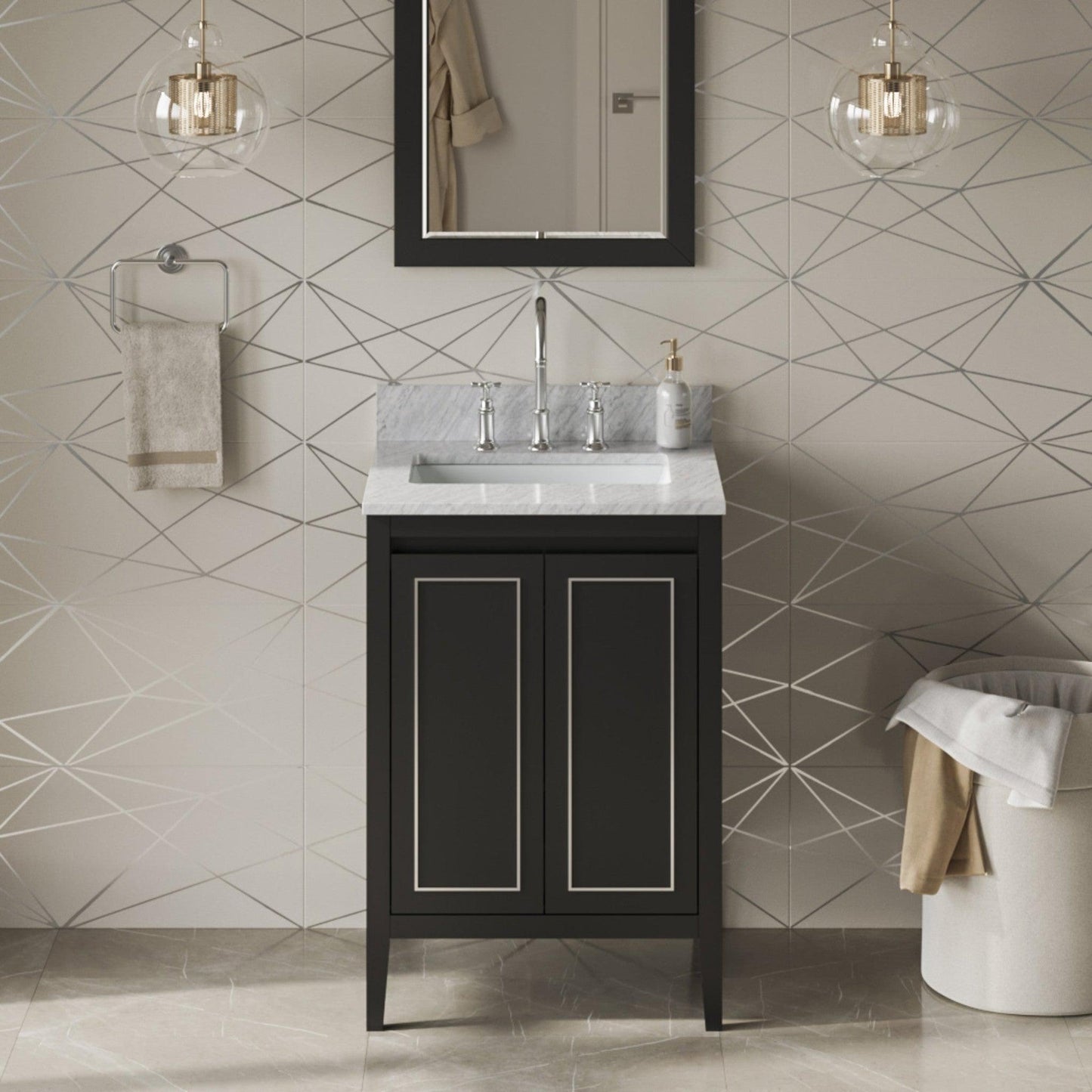 Hardware Resources Jeffrey Alexander Percival 24" Black Freestanding Vanity With White Carrara Marble Vanity Top, Backsplash and Rectangle Undermount Sink