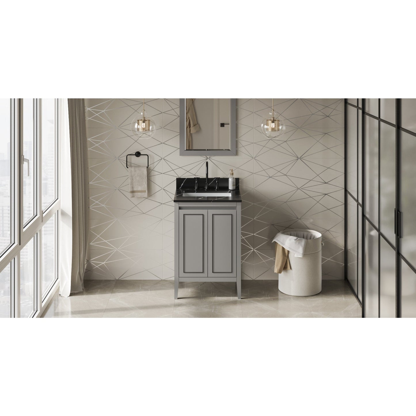 Hardware Resources Jeffrey Alexander Percival 24" Grey Freestanding Vanity With Calacatta Vienna Quartz Vanity Top, Backsplash and Rectangle Undermount Sink