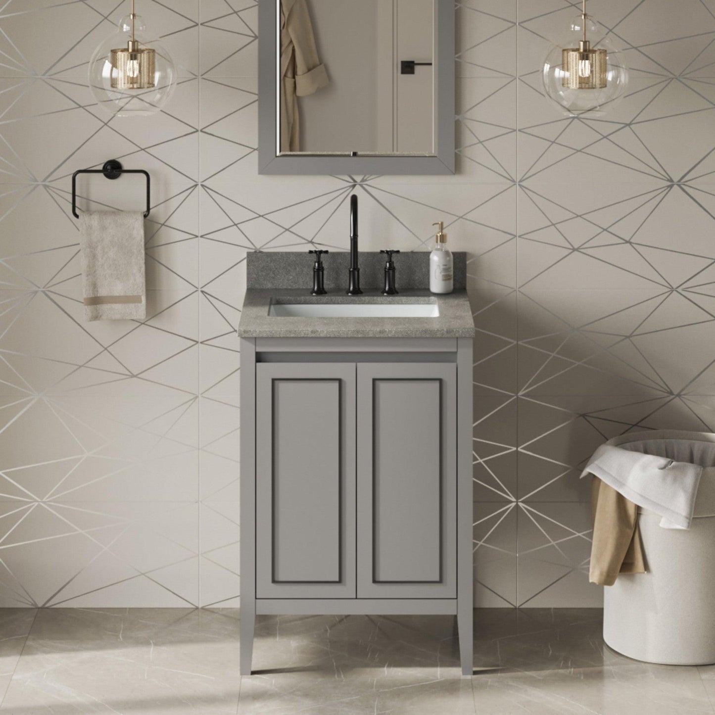 Hardware Resources Jeffrey Alexander Percival 24" Grey Freestanding Vanity With Steel Gray Cultured Marble Vanity Top, Backsplash and Rectangle Undermount Sink