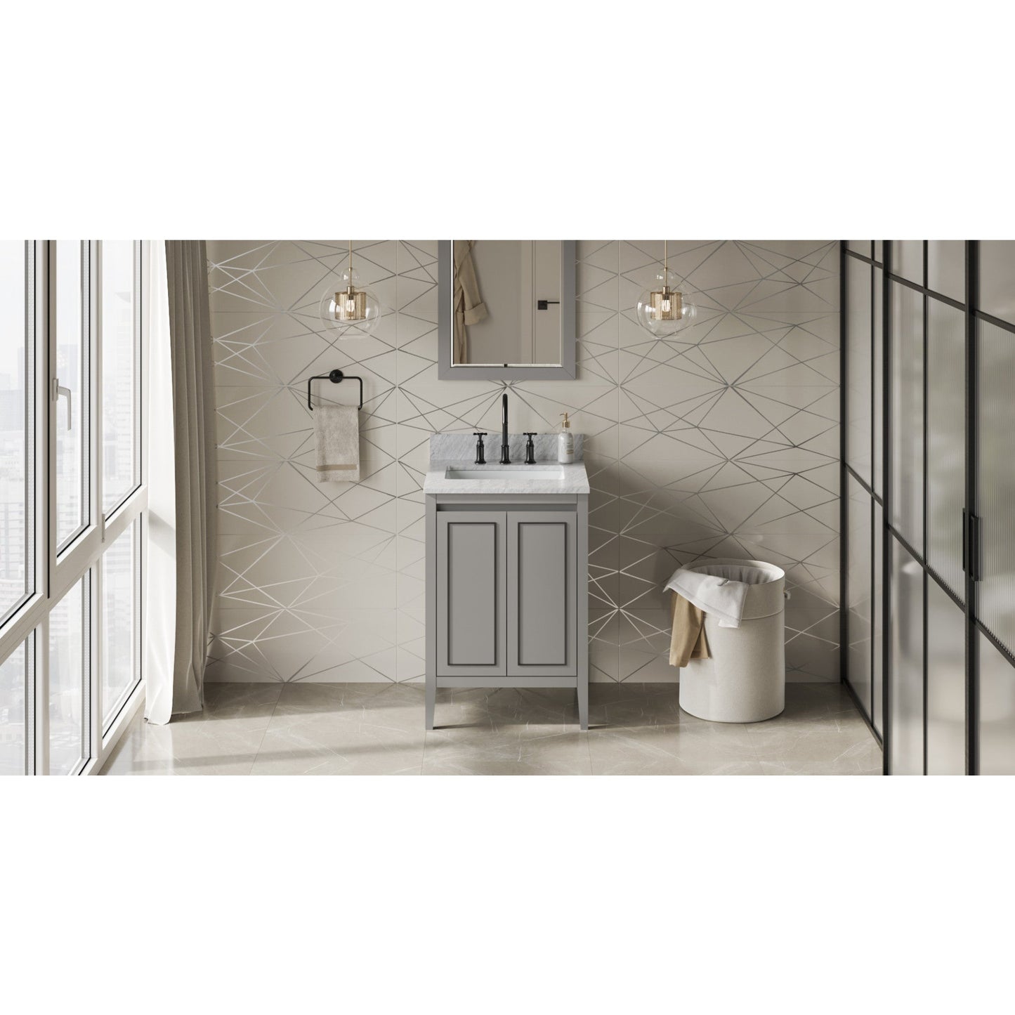 Hardware Resources Jeffrey Alexander Percival 24" Grey Freestanding Vanity With White Carrara Marble Vanity Top, Backsplash and Rectangle Undermount Sink