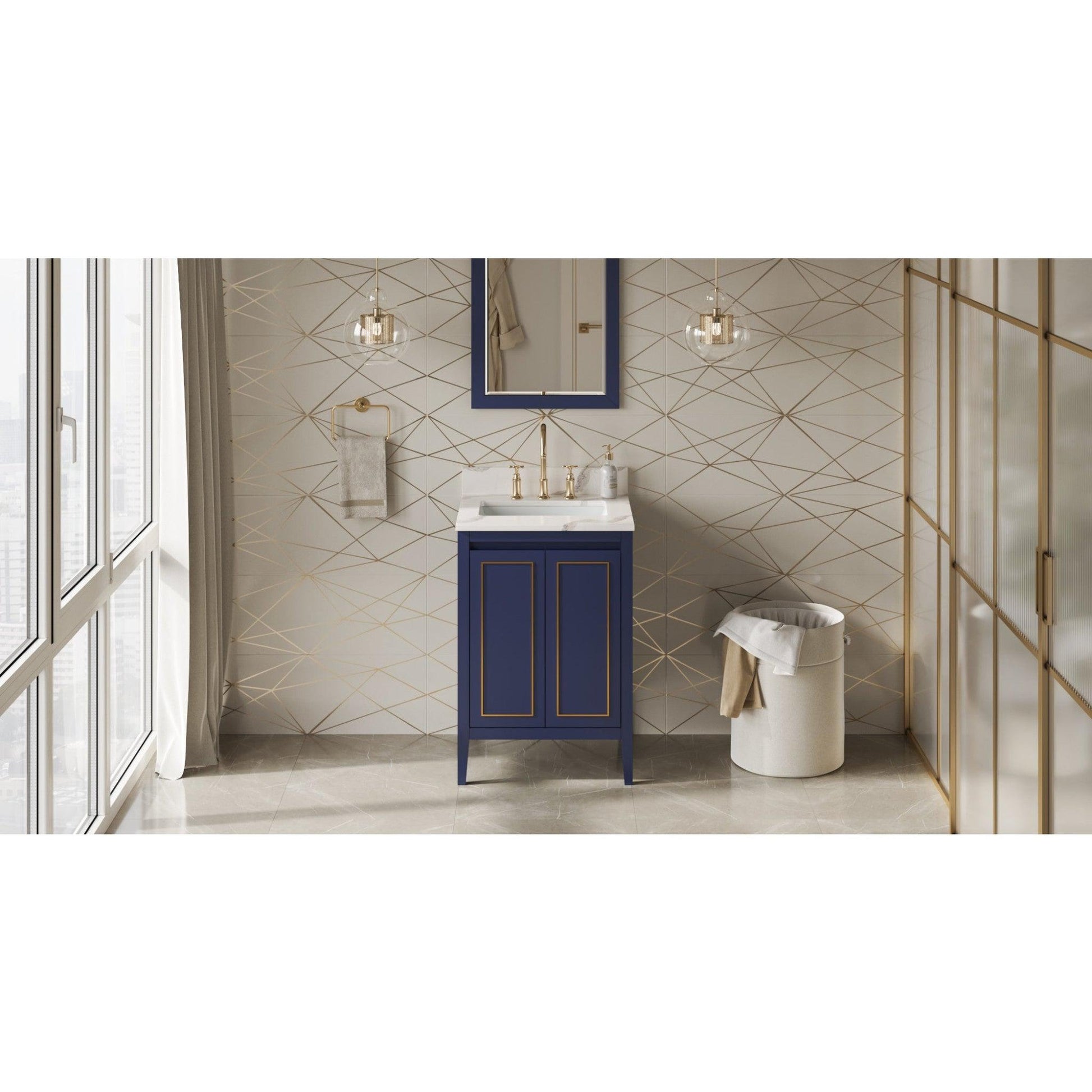 Hardware Resources Jeffrey Alexander Percival 24" Hale Blue Freestanding Vanity With Calacatta Vienna Quartz Vanity Top, Backsplash and Rectangle Undermount Sink