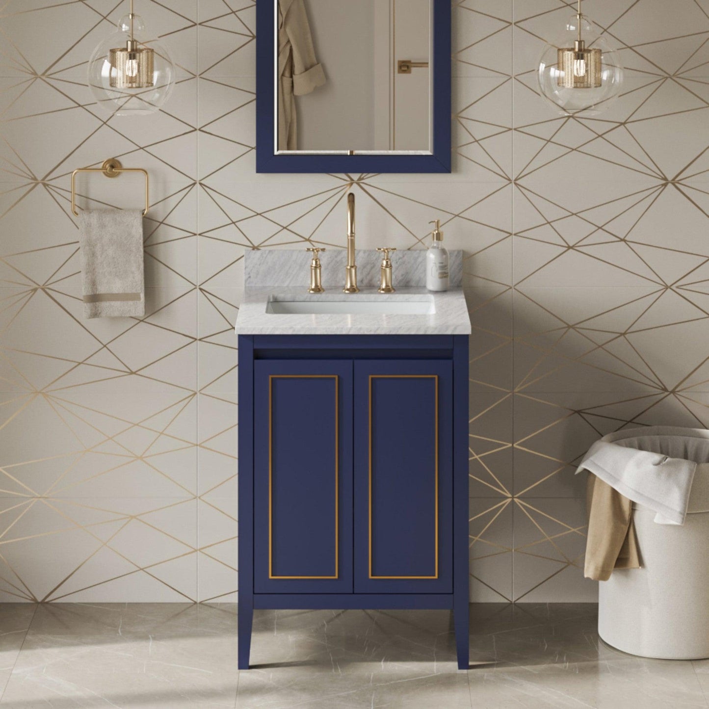 Hardware Resources Jeffrey Alexander Percival 24" Hale Blue Freestanding Vanity With White Carrara Marble Vanity Top, Backsplash and Rectangle Undermount Sink