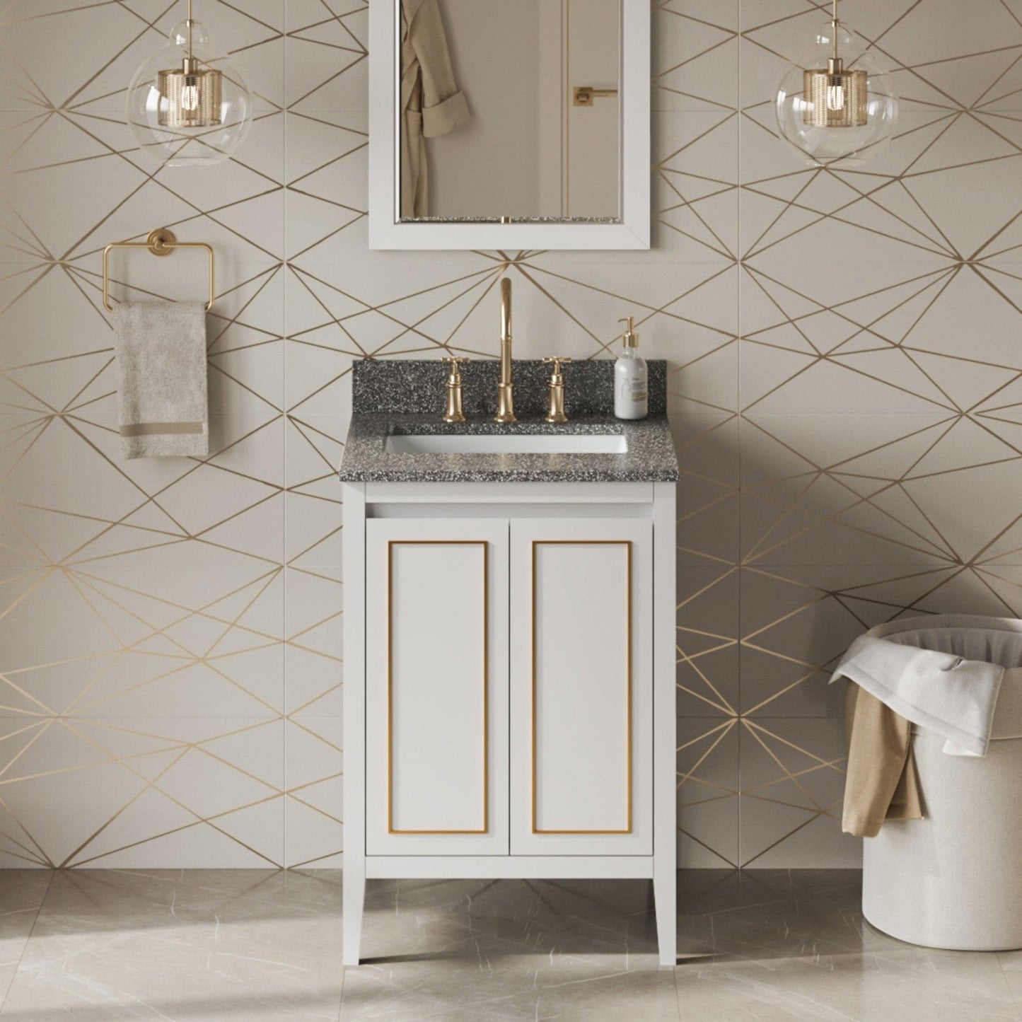 Hardware Resources Jeffrey Alexander Percival 24" White Freestanding Vanity With Boulder Cultured Marble Vanity Top, Backsplash and Rectangle Undermount Sink