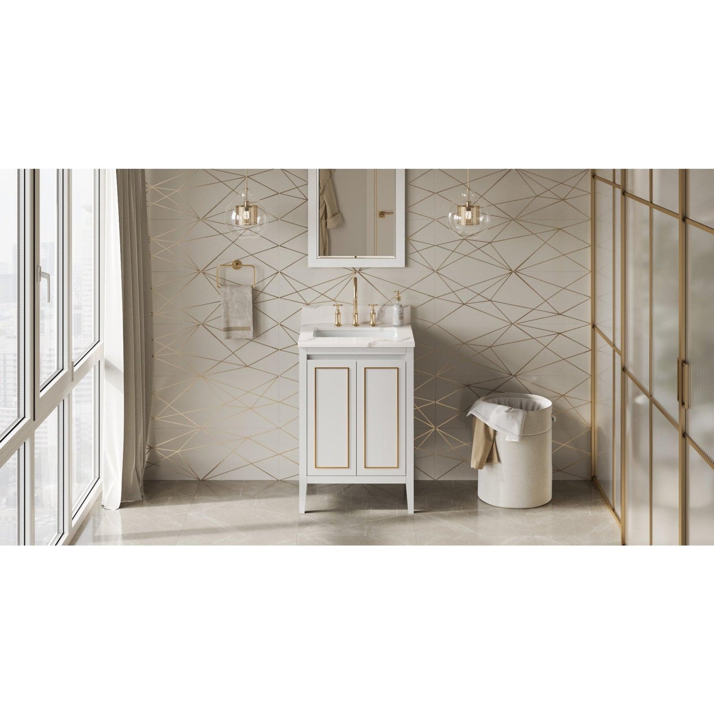 Hardware Resources Jeffrey Alexander Percival 24" White Freestanding Vanity With Calacatta Vienna Quartz Vanity Top, Backsplash and Rectangle Undermount Sink