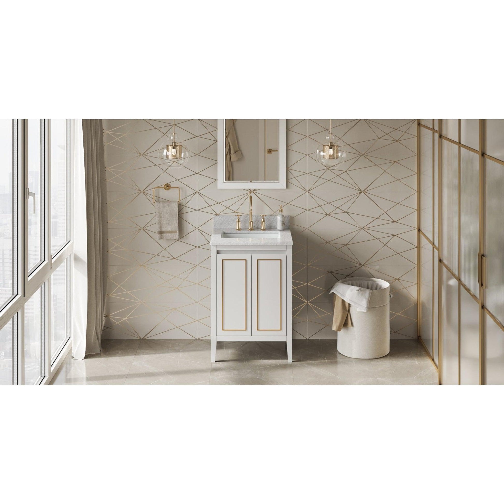 Hardware Resources Jeffrey Alexander Percival 24" White Freestanding Vanity With White Carrara Marble Vanity Top, Backsplash and Rectangle Undermount Sink