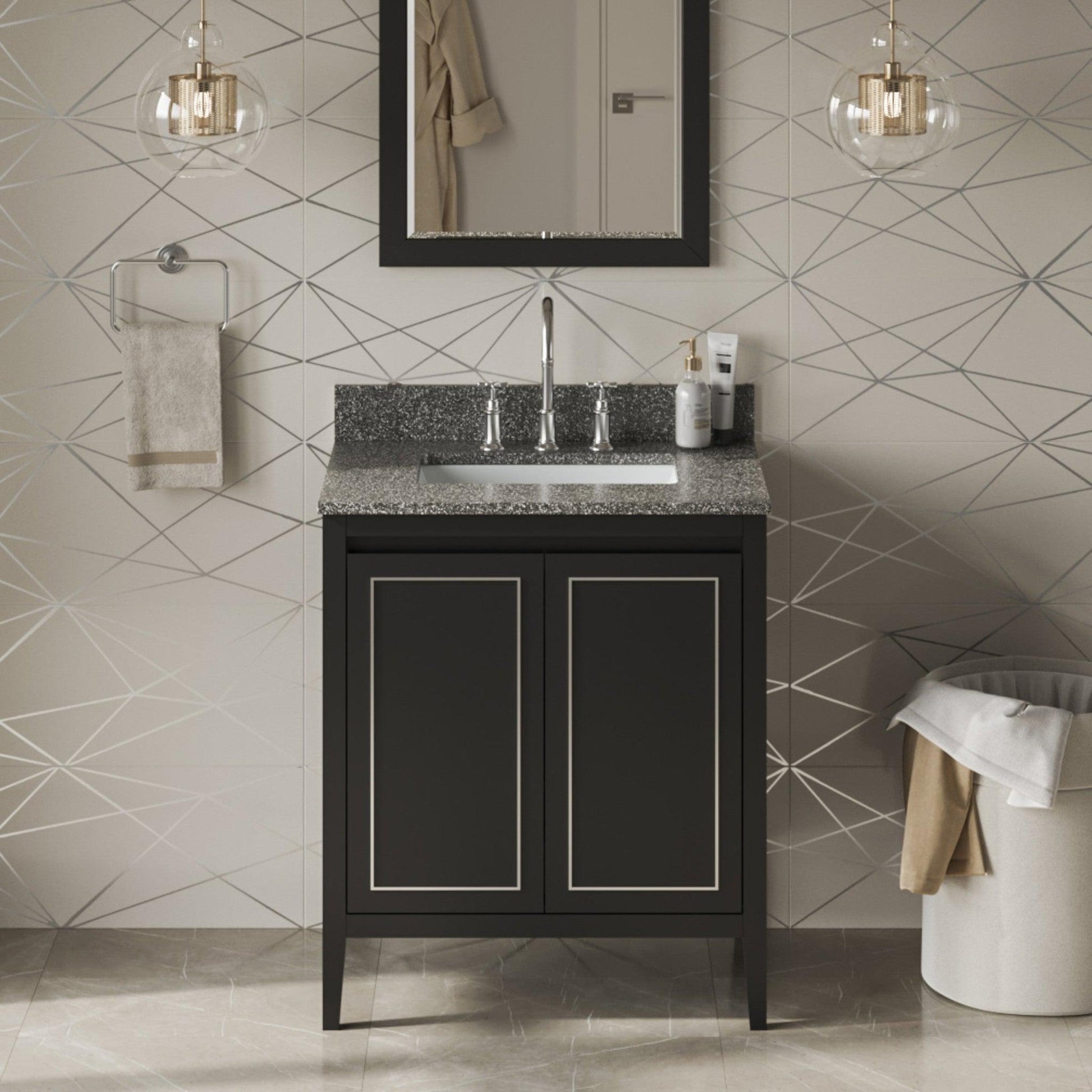 Hardware Resources Jeffrey Alexander Percival 30" Black Freestanding Vanity With Boulder Cultured Marble Vanity Top, Backsplash and Rectangle Undermount Sink