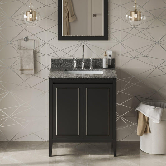 Hardware Resources Jeffrey Alexander Percival 30" Black Freestanding Vanity With Boulder Cultured Marble Vanity Top, Backsplash and Rectangle Undermount Sink