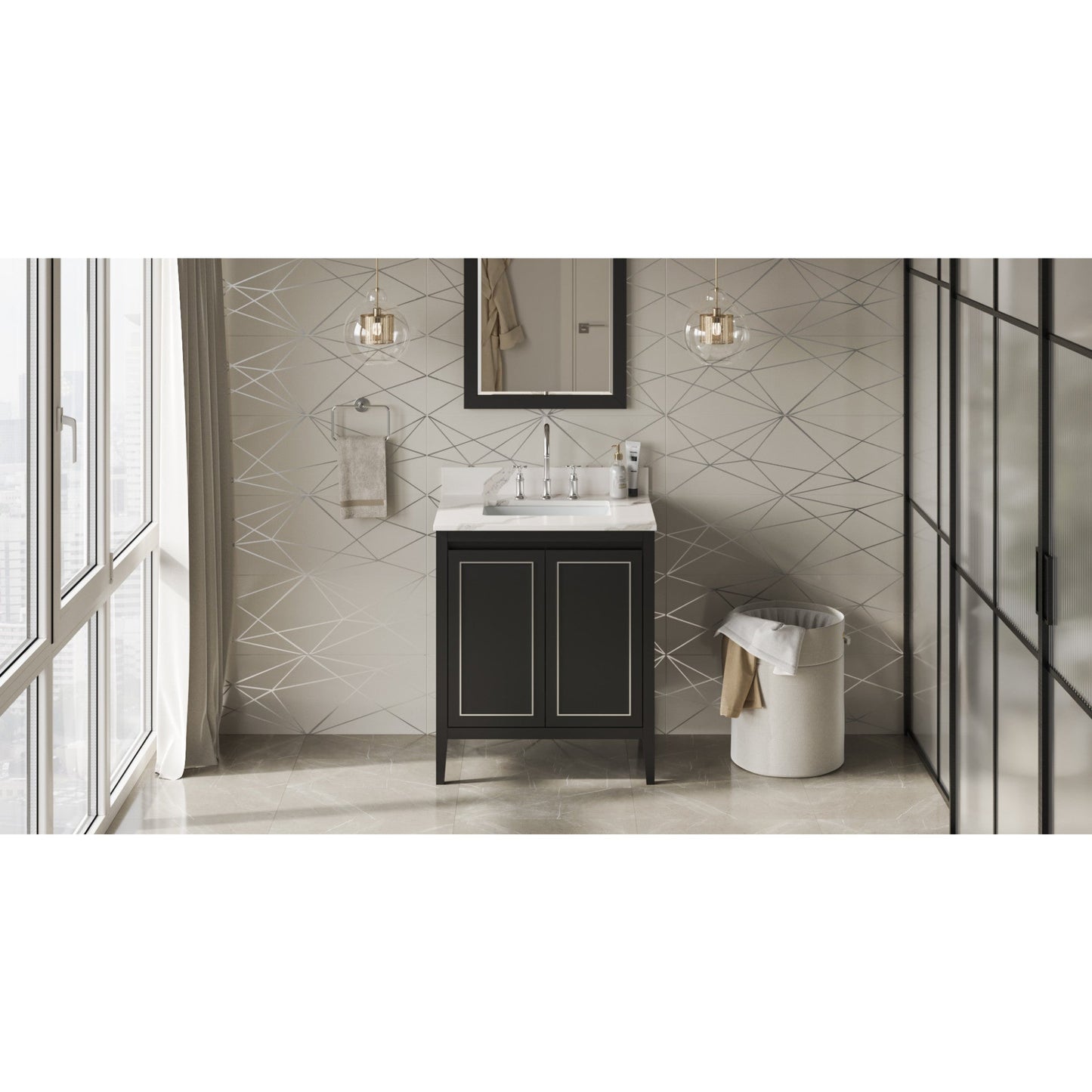 Hardware Resources Jeffrey Alexander Percival 30" Black Freestanding Vanity With Calacatta Vienna Quartz Vanity Top, Backsplash and Rectangle Undermount Sink