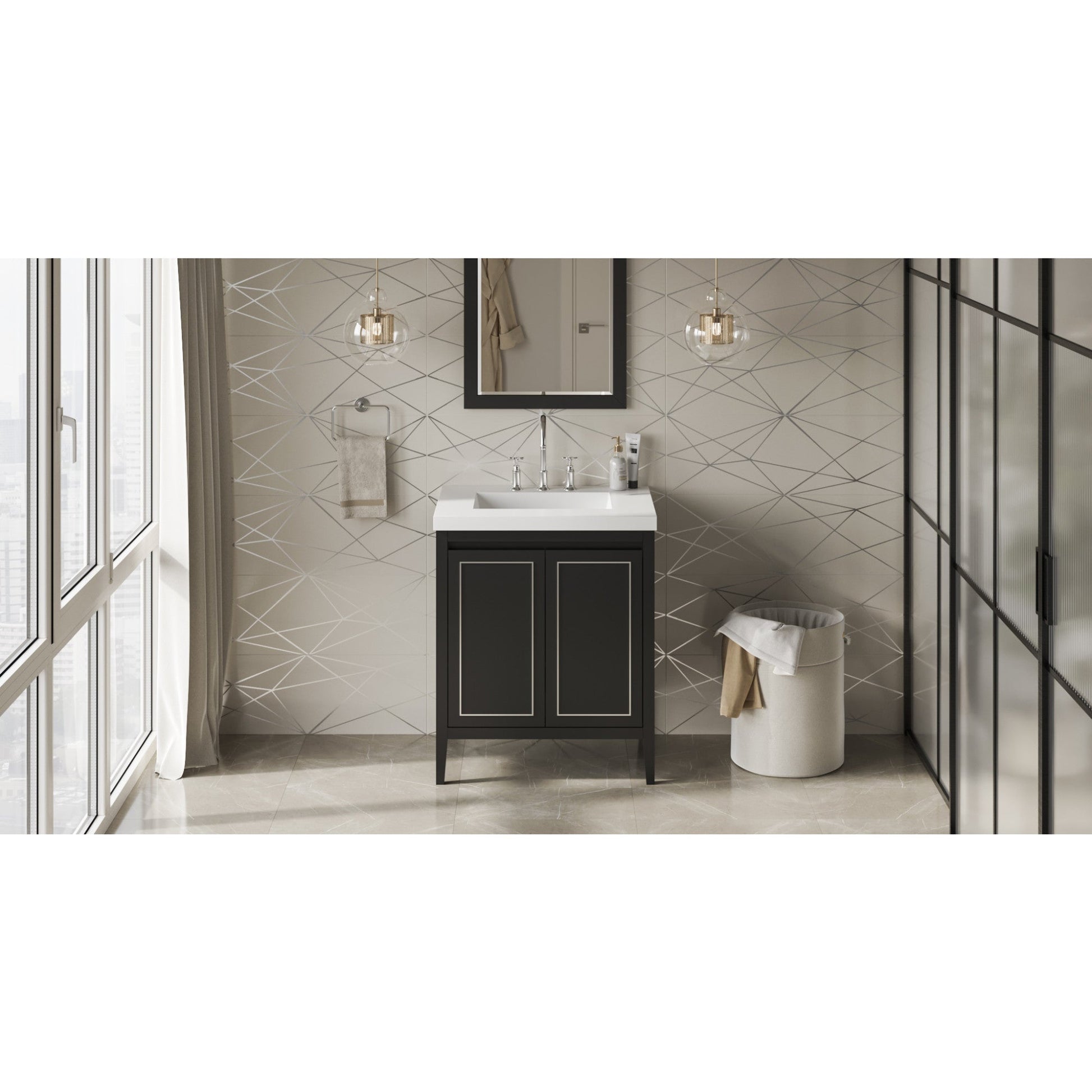 Hardware Resources Jeffrey Alexander Percival 30" Black Freestanding Vanity With Lavante Cultured Marble Vessel Vanity Top, Backsplash and Rectangle Undermount Sink