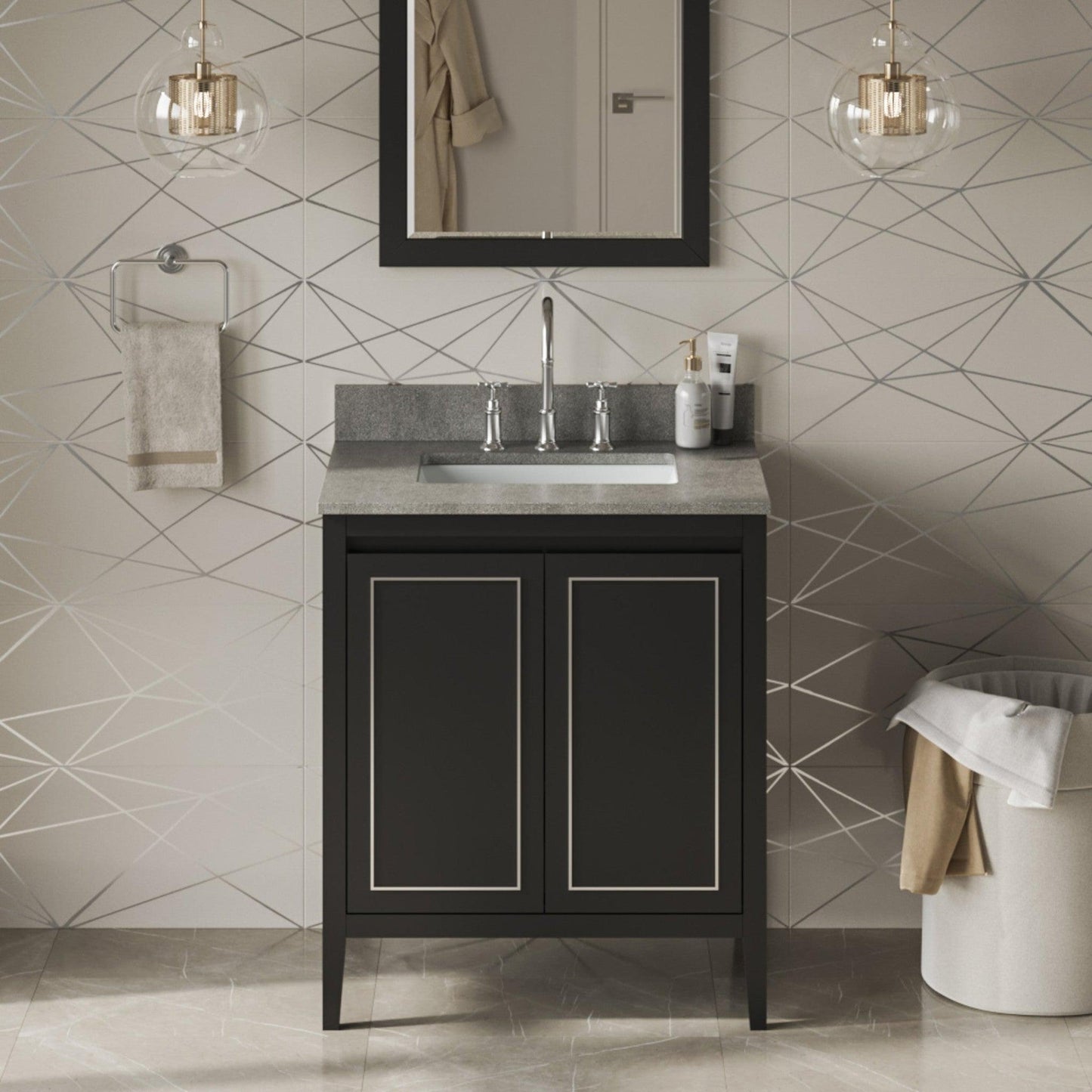 Hardware Resources Jeffrey Alexander Percival 30" Black Freestanding Vanity With Steel Gray Cultured Marble Vanity Top, Backsplash and Rectangle Undermount Sink