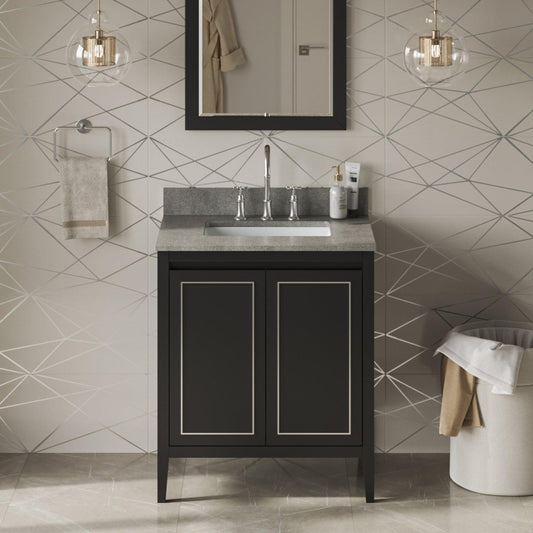 Hardware Resources Jeffrey Alexander Percival 30" Black Freestanding Vanity With Steel Gray Cultured Marble Vanity Top, Backsplash and Rectangle Undermount Sink