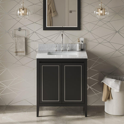 Hardware Resources Jeffrey Alexander Percival 30" Black Freestanding Vanity With White Carrara Marble Vanity Top, Backsplash and Rectangle Undermount Sink