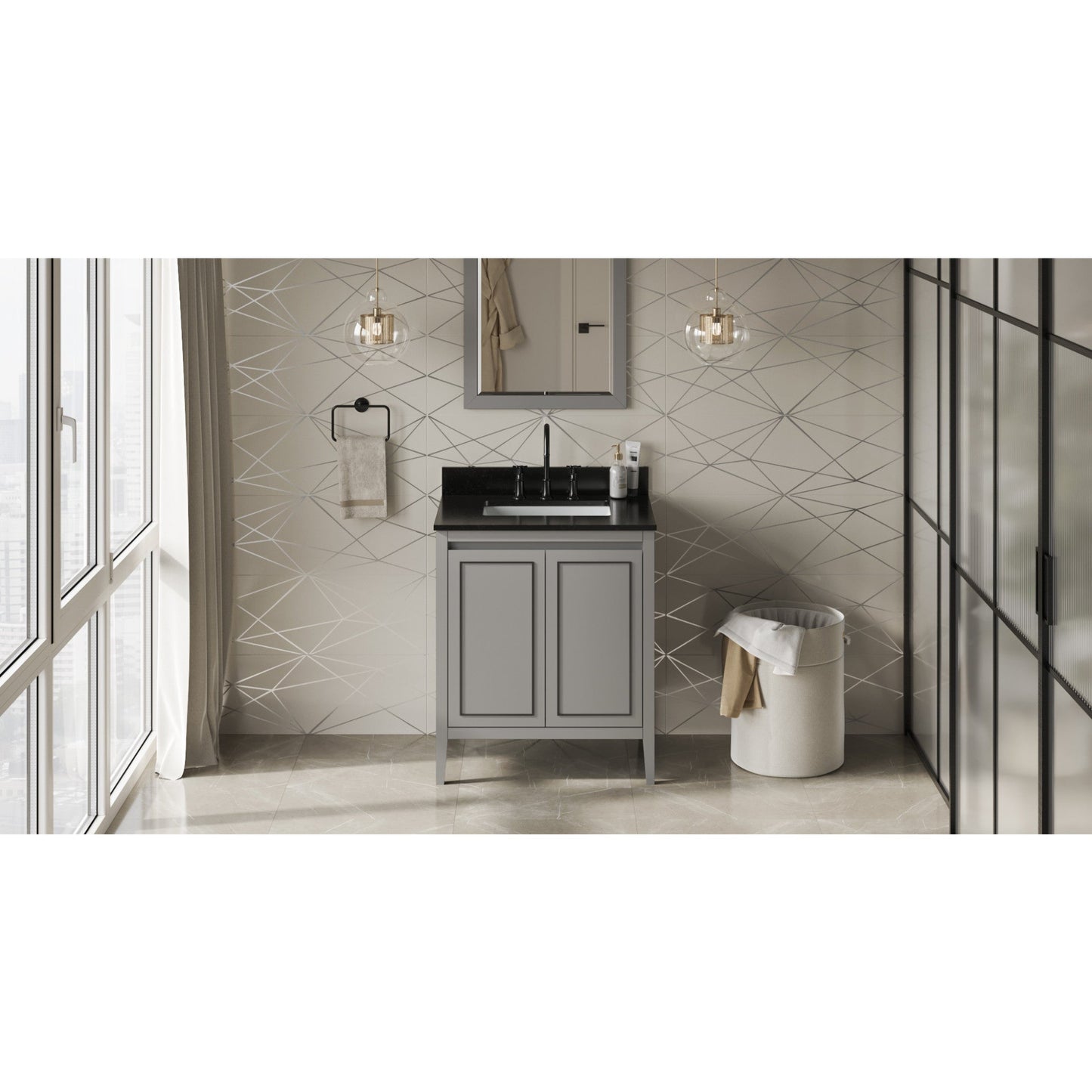 Hardware Resources Jeffrey Alexander Percival 30" Grey Freestanding Vanity With Black Granite Vanity Top, Backsplash and Rectangle Undermount Sink