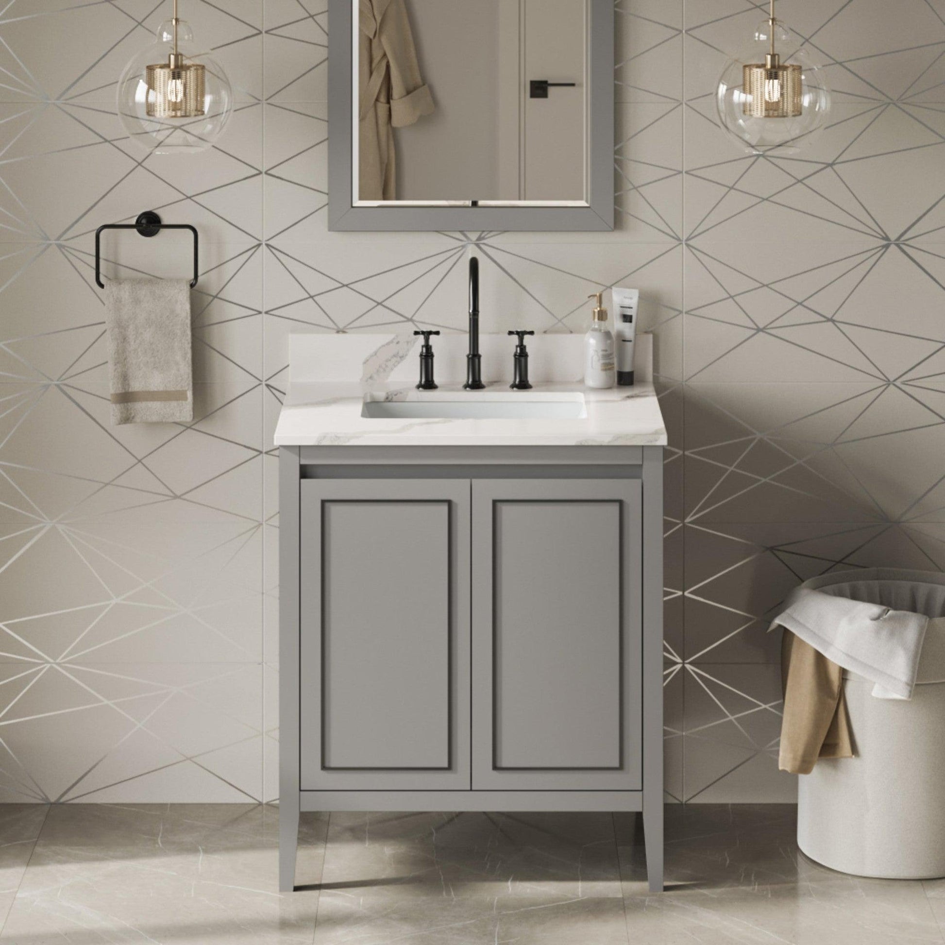 Hardware Resources Jeffrey Alexander Percival 30" Grey Freestanding Vanity With Calacatta Vienna Quartz Vanity Top, Backsplash and Rectangle Undermount Sink