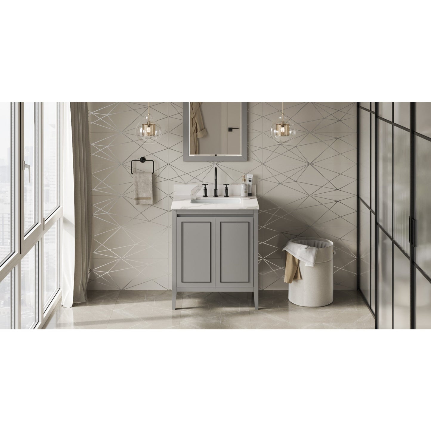 Hardware Resources Jeffrey Alexander Percival 30" Grey Freestanding Vanity With Calacatta Vienna Quartz Vanity Top, Backsplash and Rectangle Undermount Sink