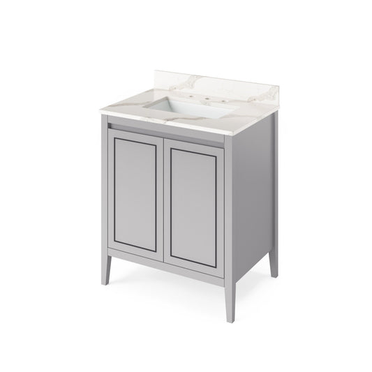 Hardware Resources Jeffrey Alexander Percival 30" Grey Freestanding Vanity With Calacatta Vienna Quartz Vanity Top, Backsplash and Rectangle Undermount Sink