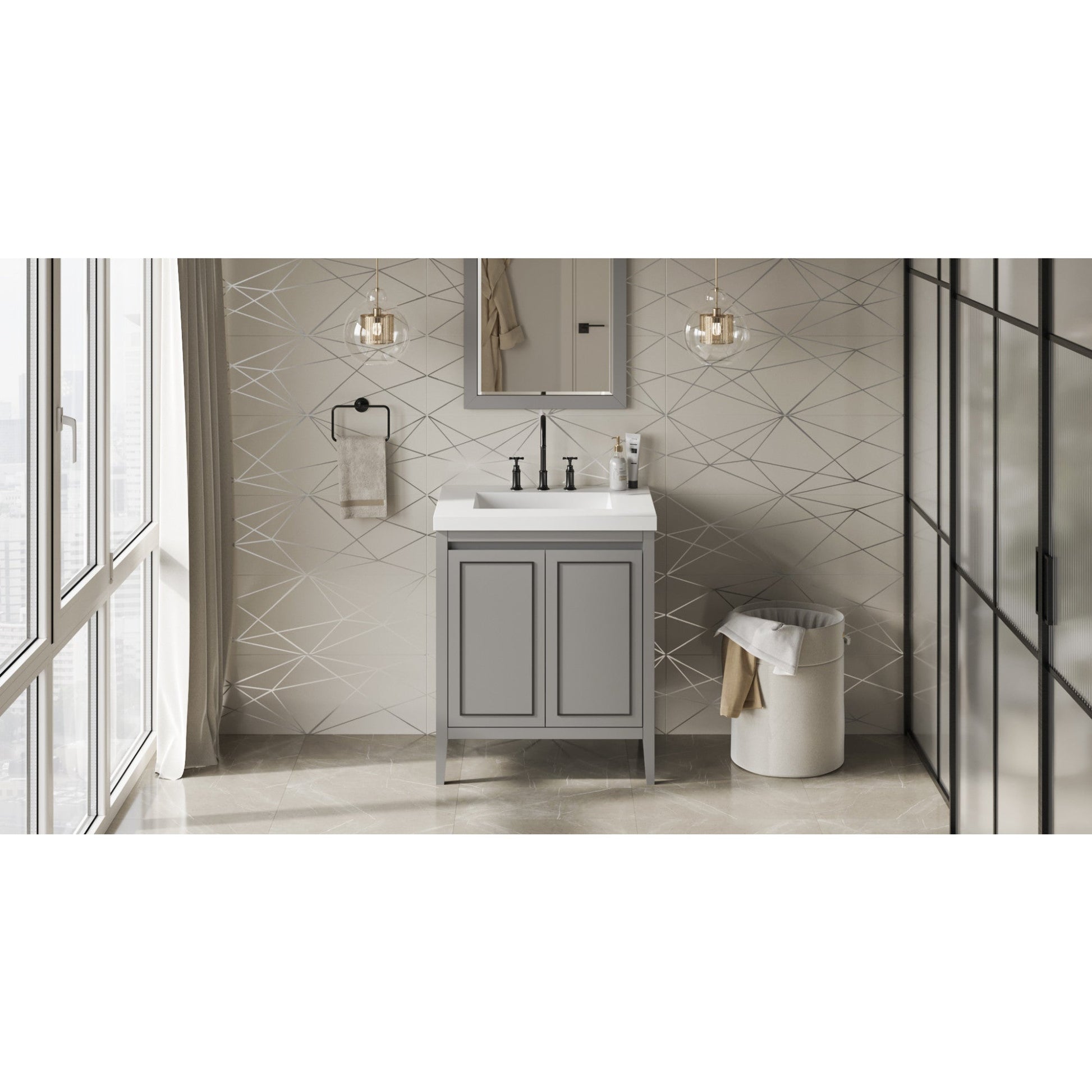 Hardware Resources Jeffrey Alexander Percival 30" Grey Freestanding Vanity With Lavante Cultured Marble Vessel Vanity Top, Backsplash and Rectangle Undermount Sink