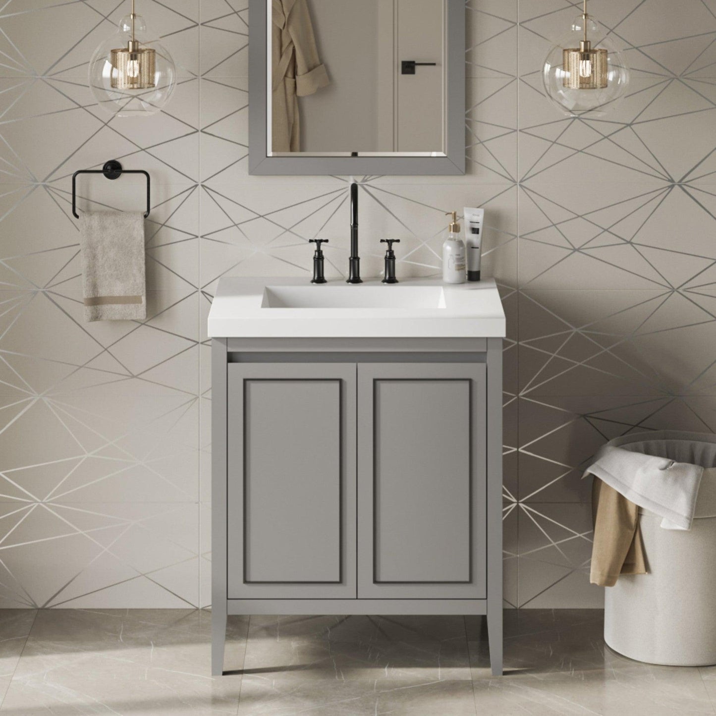 Hardware Resources Jeffrey Alexander Percival 30" Grey Freestanding Vanity With Lavante Cultured Marble Vessel Vanity Top, Backsplash and Rectangle Undermount Sink