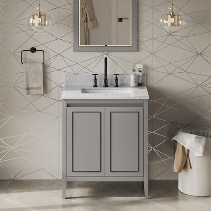 Hardware Resources Jeffrey Alexander Percival 30" Grey Freestanding Vanity With White Carrara Marble Vanity Top, Backsplash and Rectangle Undermount Sink