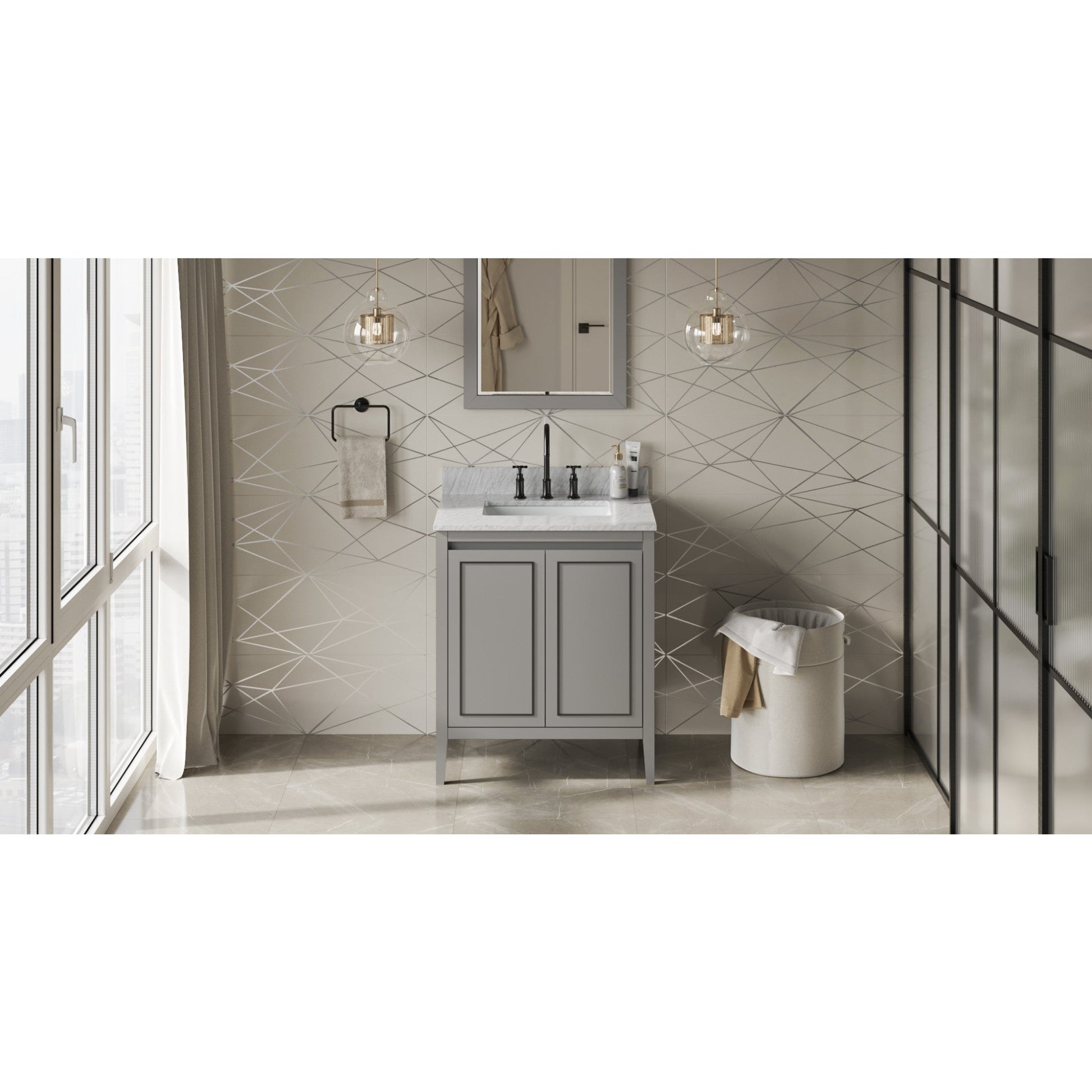 Hardware Resources Jeffrey Alexander Percival 30" Grey Freestanding Vanity With White Carrara Marble Vanity Top, Backsplash and Rectangle Undermount Sink