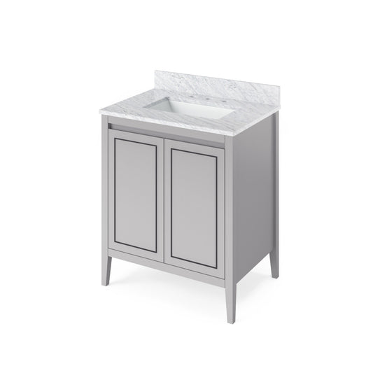 Hardware Resources Jeffrey Alexander Percival 30" Grey Freestanding Vanity With White Carrara Marble Vanity Top, Backsplash and Rectangle Undermount Sink