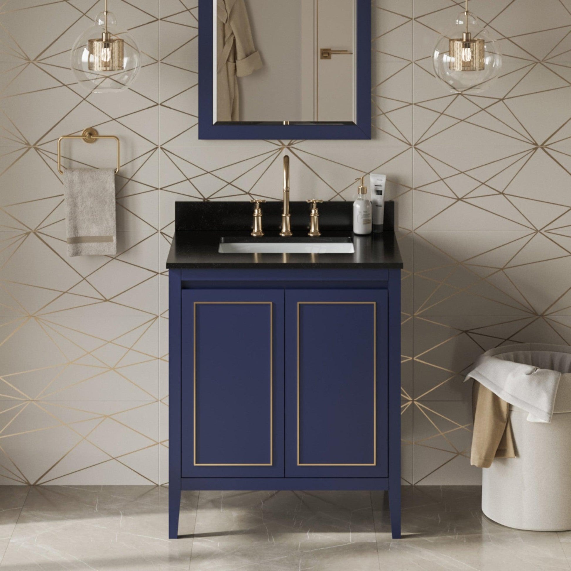 Hardware Resources Jeffrey Alexander Percival 30" Hale Blue Freestanding Vanity With Black Granite Vanity Top, Backsplash and Rectangle Undermount Sink