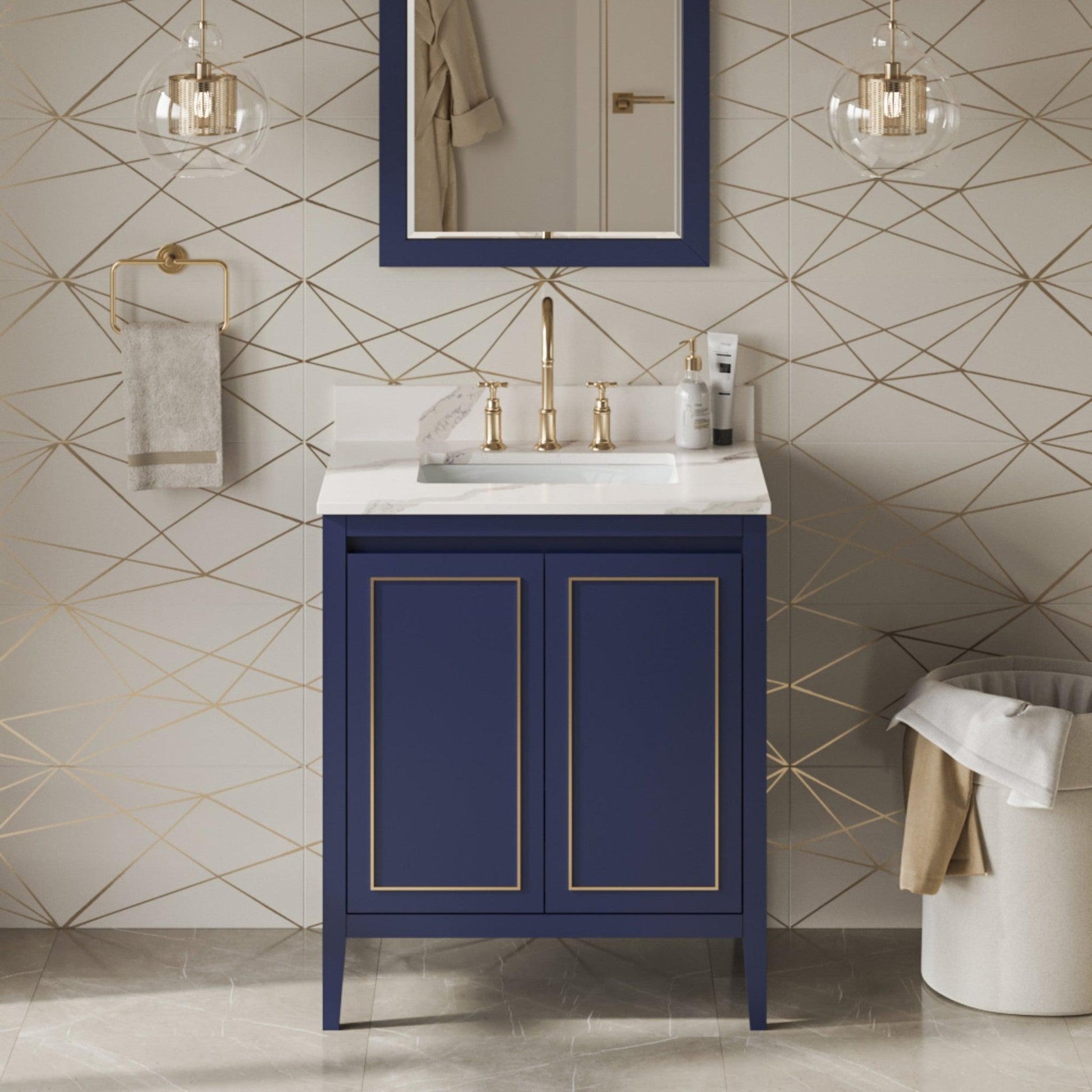 Hardware Resources Jeffrey Alexander Percival 30" Hale Blue Freestanding Vanity With Calacatta Vienna Quartz Vanity Top, Backsplash and Rectangle Undermount Sink