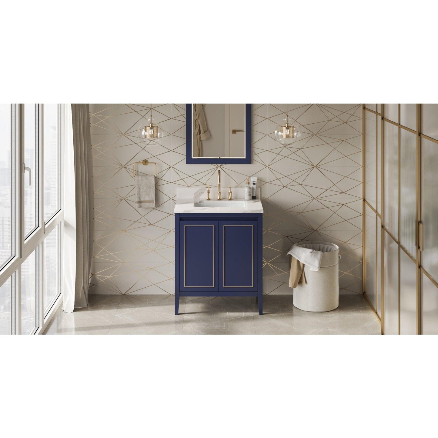 Hardware Resources Jeffrey Alexander Percival 30" Hale Blue Freestanding Vanity With Calacatta Vienna Quartz Vanity Top, Backsplash and Rectangle Undermount Sink