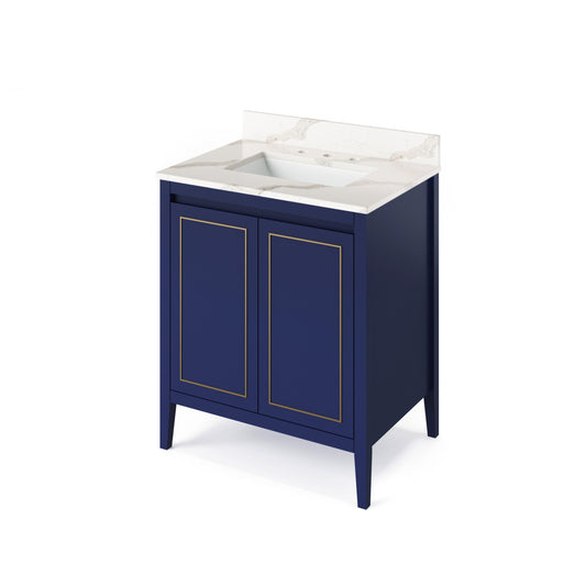 Hardware Resources Jeffrey Alexander Percival 30" Hale Blue Freestanding Vanity With Calacatta Vienna Quartz Vanity Top, Backsplash and Rectangle Undermount Sink