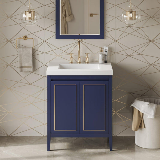 Hardware Resources Jeffrey Alexander Percival 30" Hale Blue Freestanding Vanity With Lavante Cultured Marble Vessel Vanity Top, Backsplash and Rectangle Undermount Sink