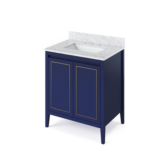 Hardware Resources Jeffrey Alexander Percival 30" Hale Blue Freestanding Vanity With White Carrara Marble Vanity Top, Backsplash and Rectangle Undermount Sink