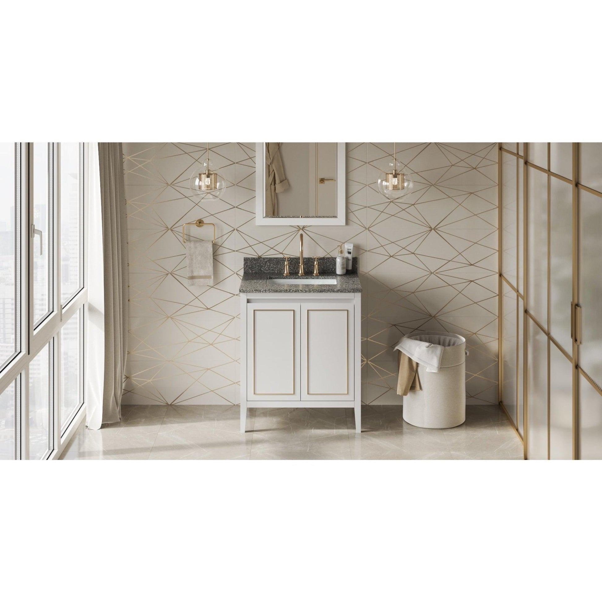 Hardware Resources Jeffrey Alexander Percival 30" White Freestanding Vanity With Boulder Cultured Marble Vanity Top, Backsplash and Rectangle Undermount Sink