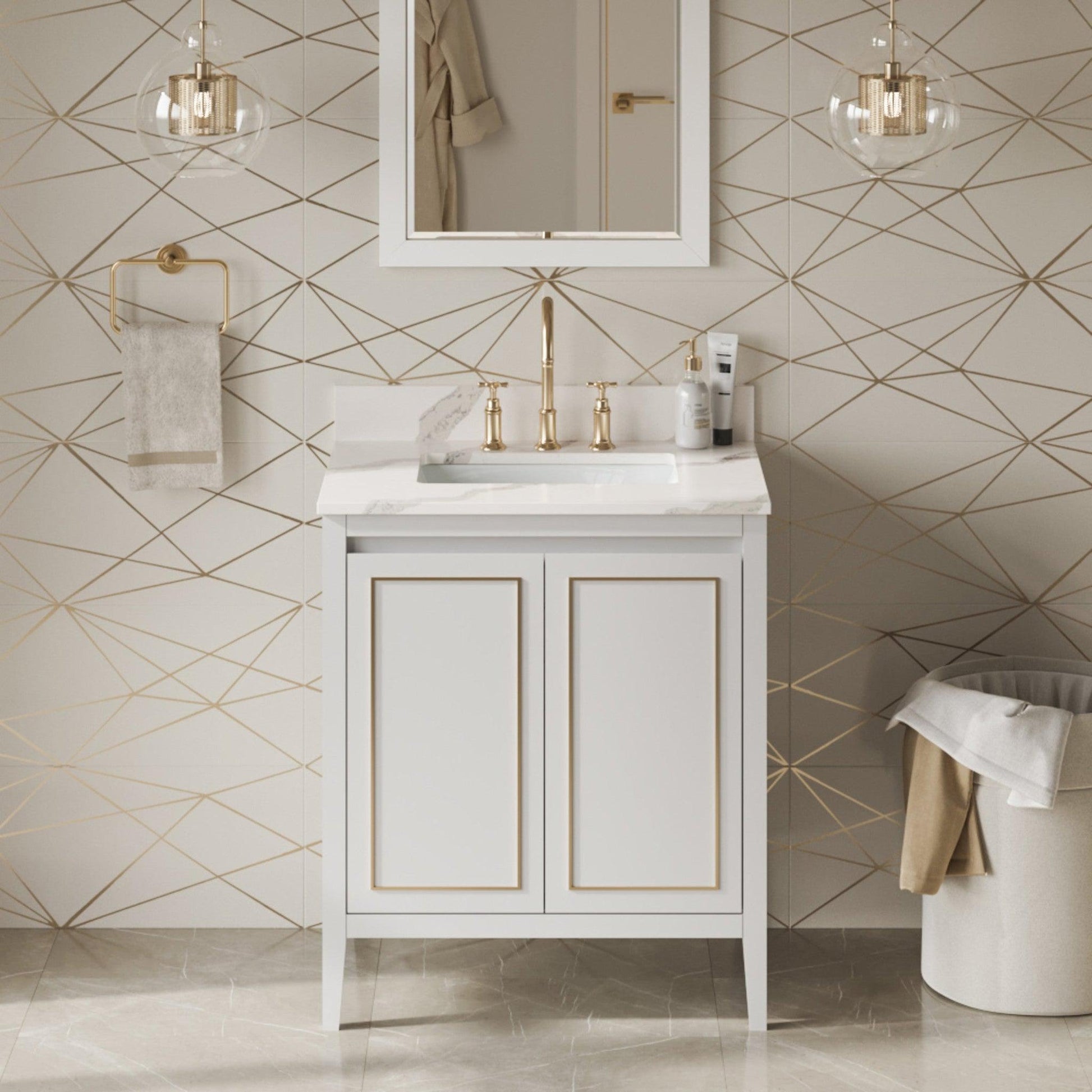 Hardware Resources Jeffrey Alexander Percival 30" White Freestanding Vanity With Calacatta Vienna Quartz Vanity Top, Backsplash and Rectangle Undermount Sink