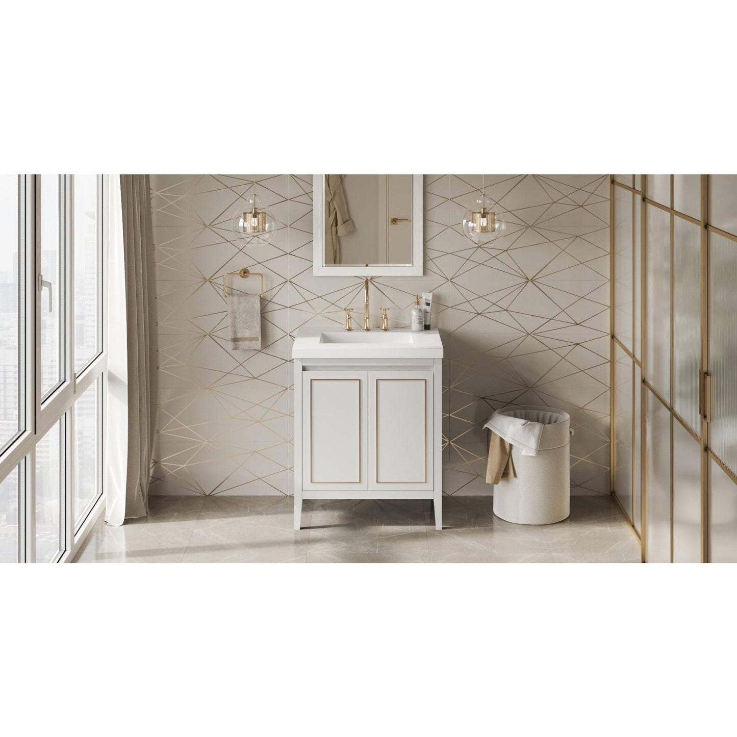 Hardware Resources Jeffrey Alexander Percival 30" White Freestanding Vanity With Lavante Cultured Marble Vessel Vanity Top, Backsplash and Rectangle Undermount Sink