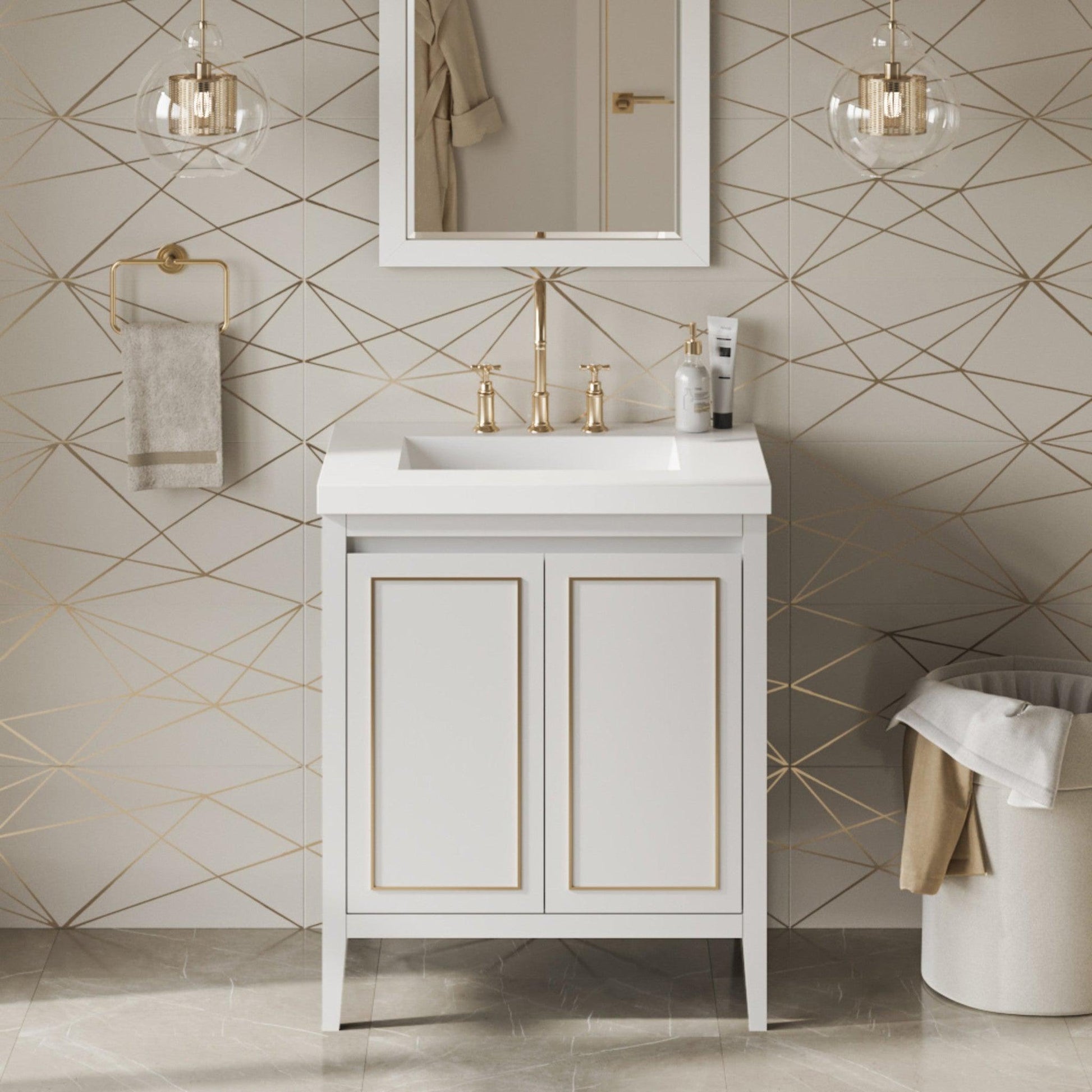 Hardware Resources Jeffrey Alexander Percival 30" White Freestanding Vanity With Lavante Cultured Marble Vessel Vanity Top, Backsplash and Rectangle Undermount Sink