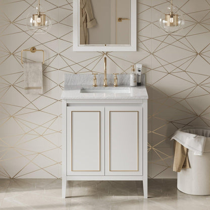 Hardware Resources Jeffrey Alexander Percival 30" White Freestanding Vanity With White Carrara Marble Vanity Top, Backsplash and Rectangle Undermount Sink