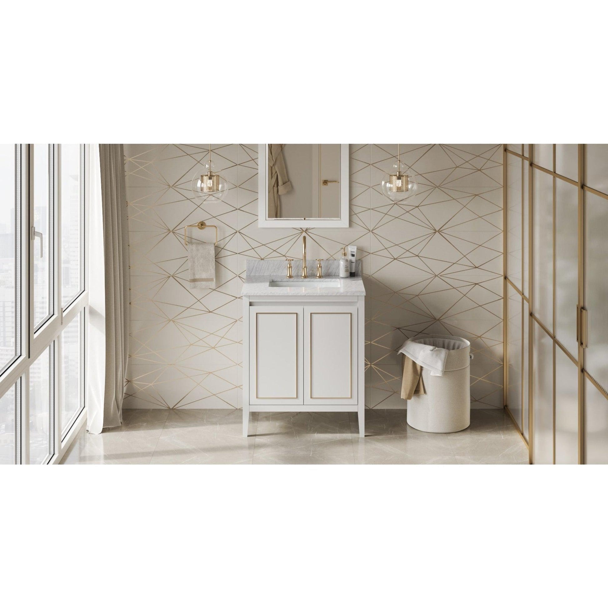 Hardware Resources Jeffrey Alexander Percival 30" White Freestanding Vanity With White Carrara Marble Vanity Top, Backsplash and Rectangle Undermount Sink