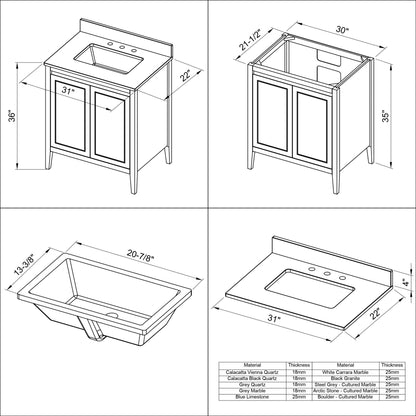 Hardware Resources Jeffrey Alexander Percival 30" White Freestanding Vanity With White Carrara Marble Vanity Top, Backsplash and Rectangle Undermount Sink