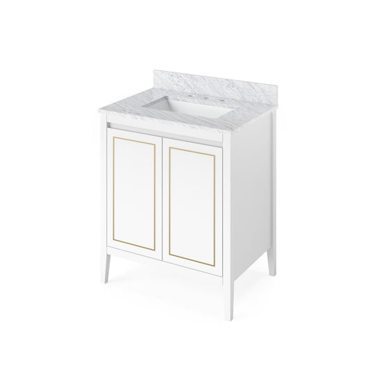 Hardware Resources Jeffrey Alexander Percival 30" White Freestanding Vanity With White Carrara Marble Vanity Top, Backsplash and Rectangle Undermount Sink