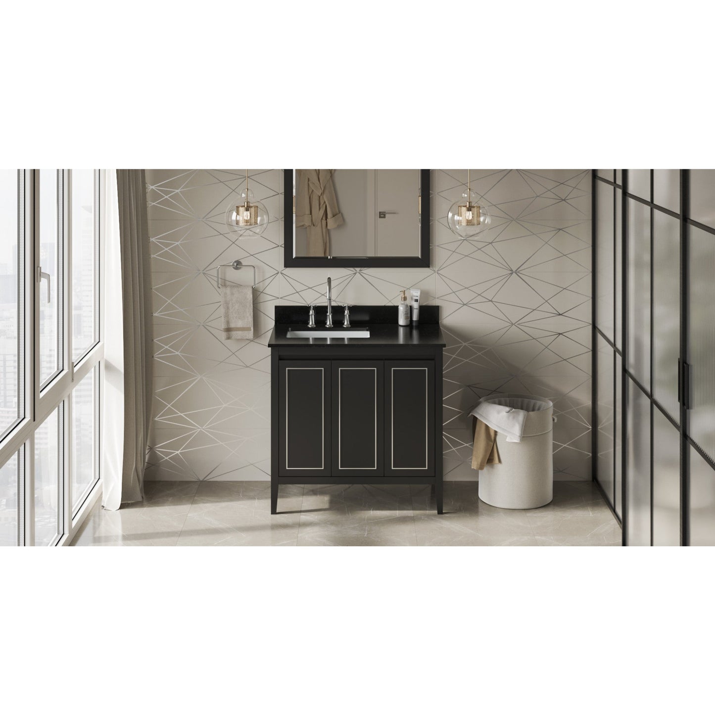 Hardware Resources Jeffrey Alexander Percival 36" Black Freestanding Vanity With Left Offset, Black Granite Vanity Top, Backsplash and Rectangle Undermount Sink