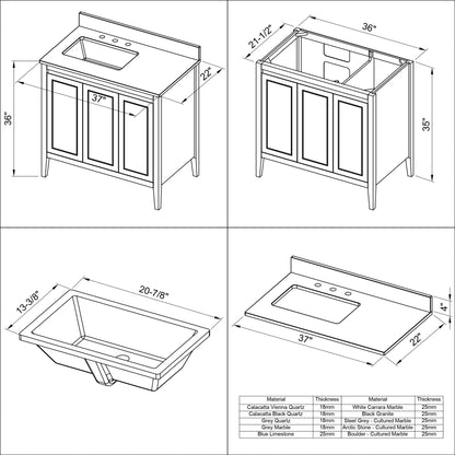 Hardware Resources Jeffrey Alexander Percival 36" Black Freestanding Vanity With Left Offset, Black Granite Vanity Top, Backsplash and Rectangle Undermount Sink