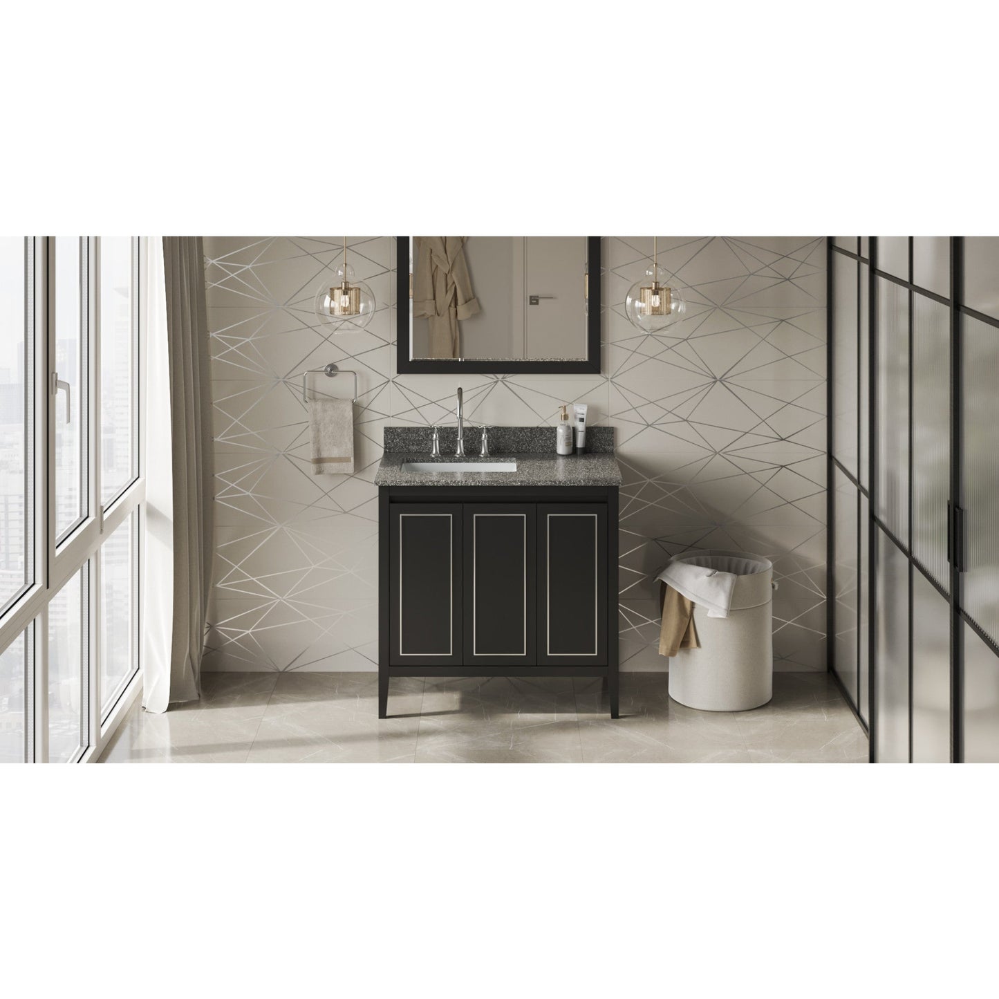 Hardware Resources Jeffrey Alexander Percival 36" Black Freestanding Vanity With Left Offset, Boulder Vanity Cultured Marble Vanity Top, Backsplash and Rectangle Undermount Sink