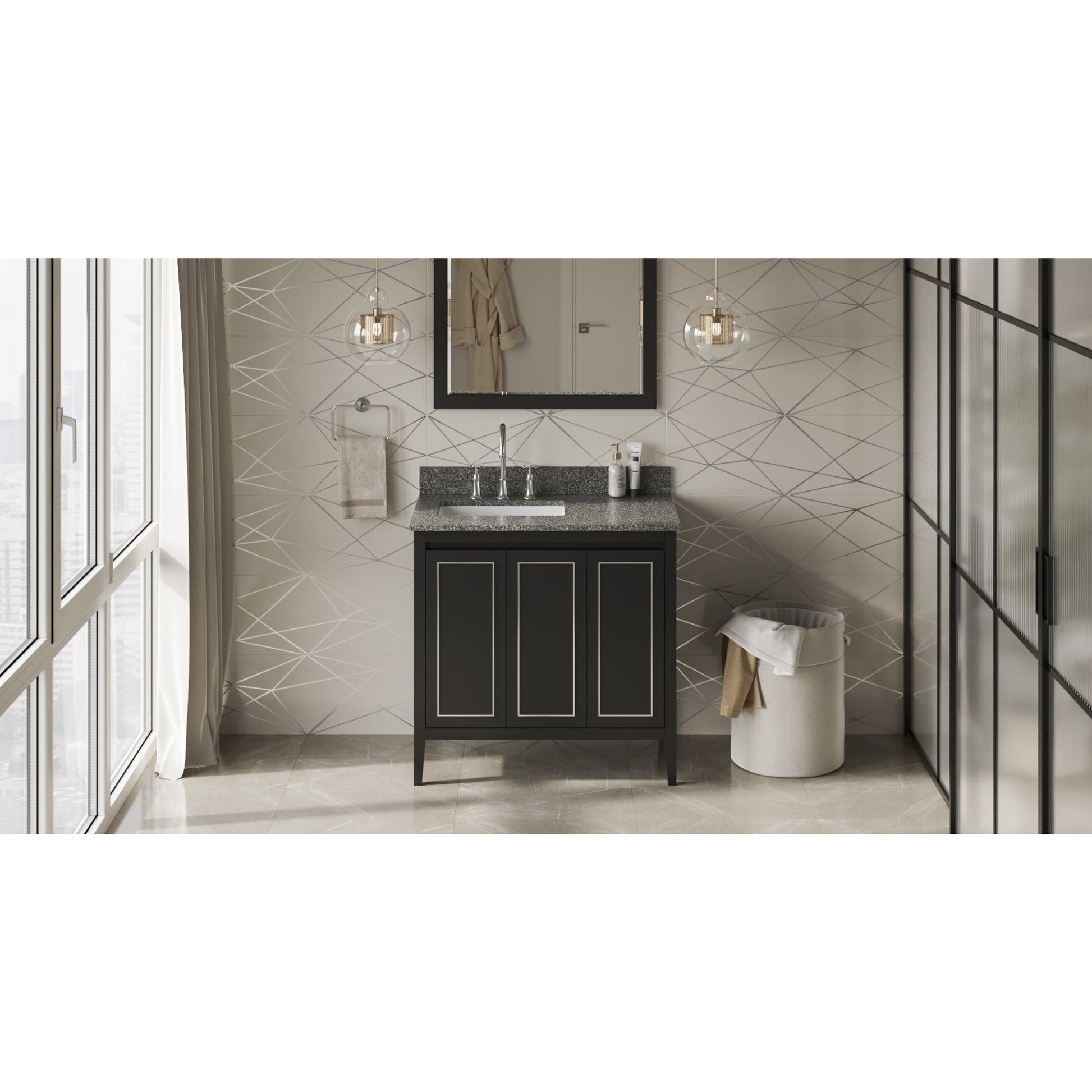 Hardware Resources Jeffrey Alexander Percival 36" Black Freestanding Vanity With Left Offset, Boulder Vanity Cultured Marble Vanity Top, Backsplash and Rectangle Undermount Sink