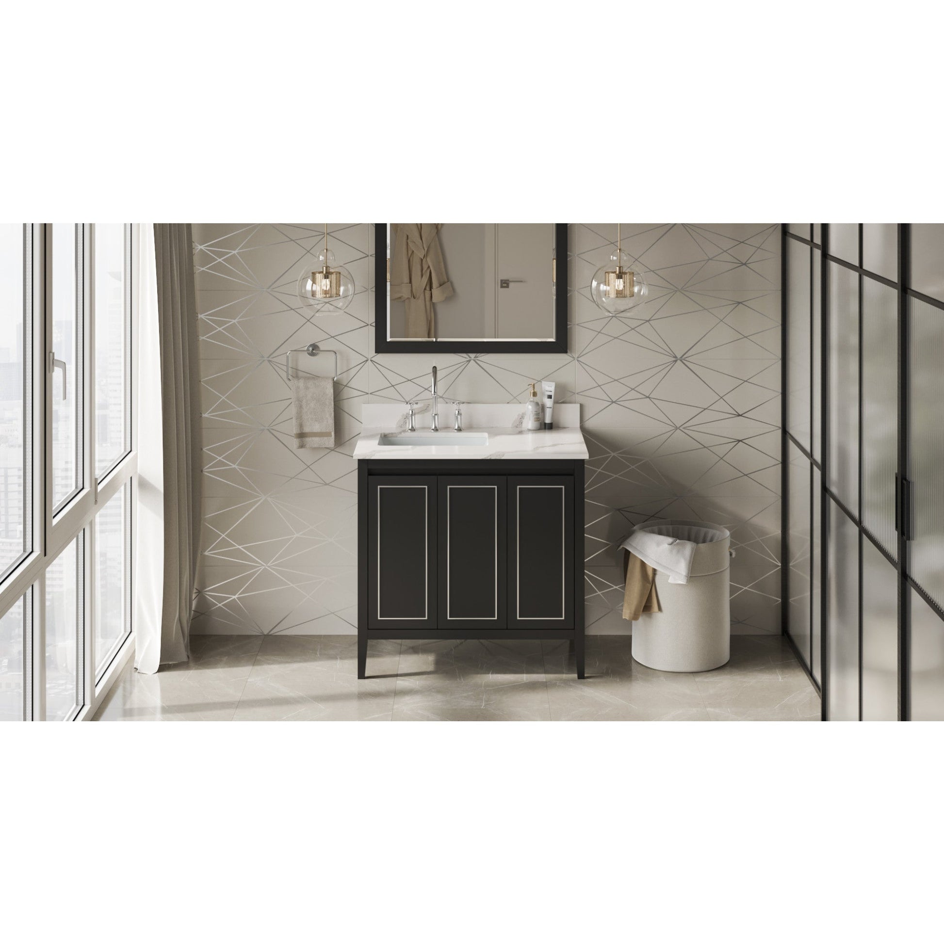 Hardware Resources Jeffrey Alexander Percival 36" Black Freestanding Vanity With Left Offset, Calacatta Vienna Quartz Vanity Top, Backsplash and Rectangle Undermount Sink