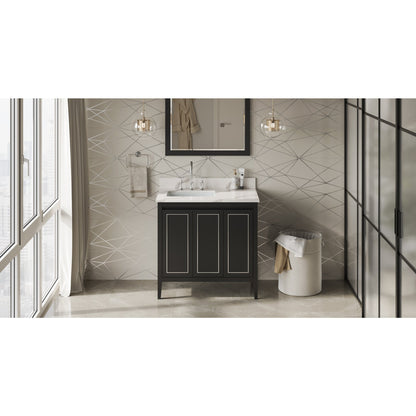 Hardware Resources Jeffrey Alexander Percival 36" Black Freestanding Vanity With Left Offset, Calacatta Vienna Quartz Vanity Top, Backsplash and Rectangle Undermount Sink