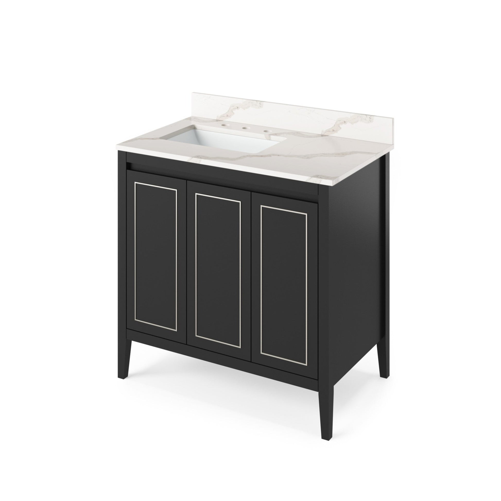 Hardware Resources Jeffrey Alexander Percival 36" Black Freestanding Vanity With Left Offset, Calacatta Vienna Quartz Vanity Top, Backsplash and Rectangle Undermount Sink