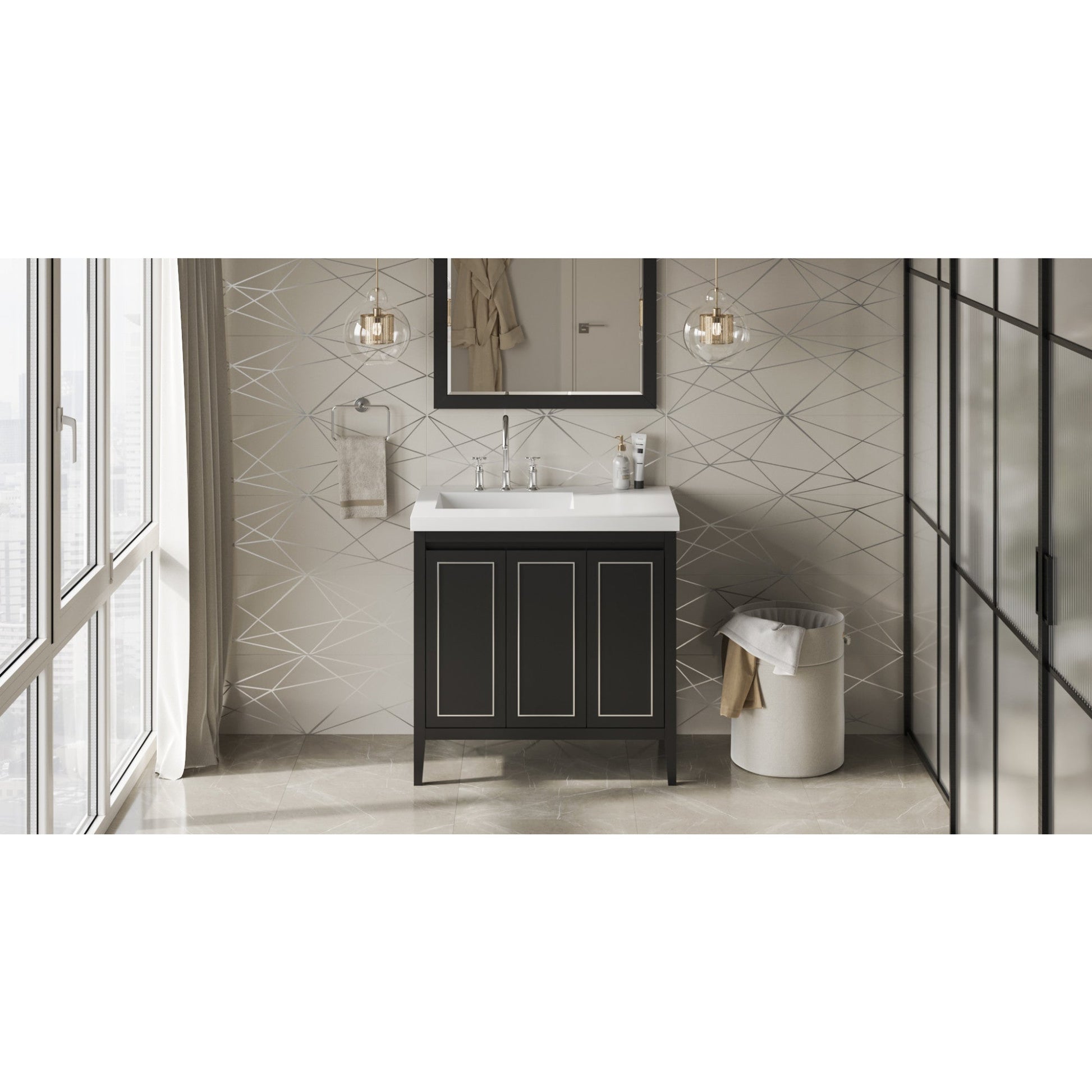 Hardware Resources Jeffrey Alexander Percival 36" Black Freestanding Vanity With Left Offset, Lavante Cultured Marble Vessel Vanity Top , Backsplash and Rectangle Undermount Sink