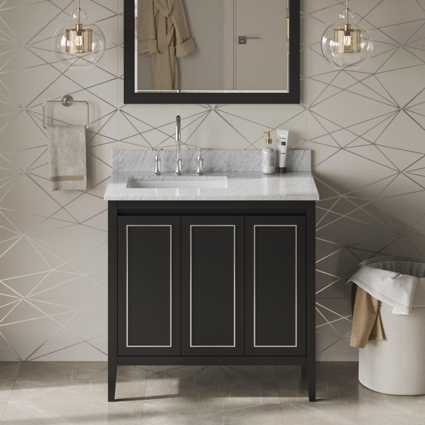 Hardware Resources Jeffrey Alexander Percival 36" Black Freestanding Vanity With Left Offset, White Carrara Marble Vanity Top, Backsplash and Rectangle Undermount Sink