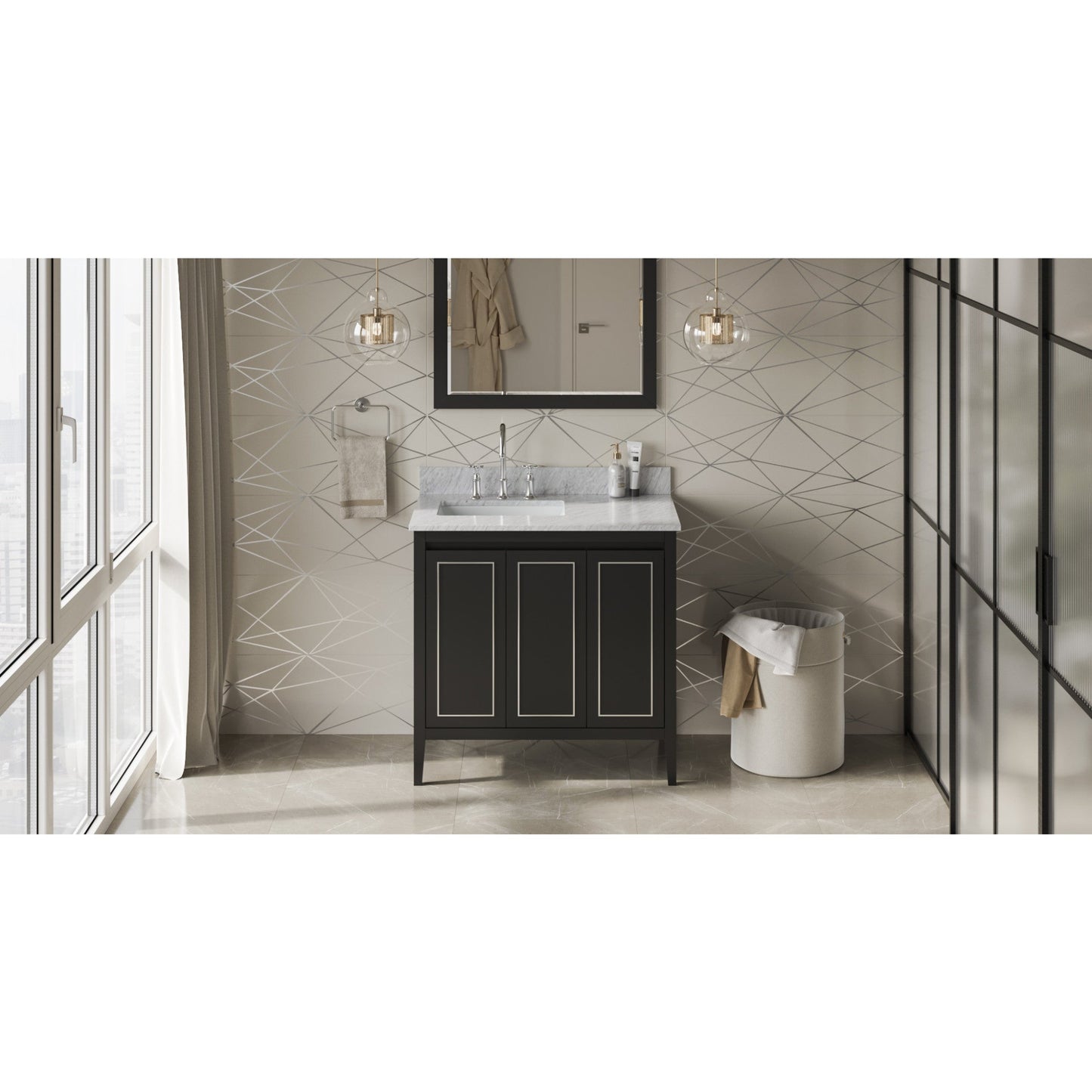 Hardware Resources Jeffrey Alexander Percival 36" Black Freestanding Vanity With Left Offset, White Carrara Marble Vanity Top, Backsplash and Rectangle Undermount Sink